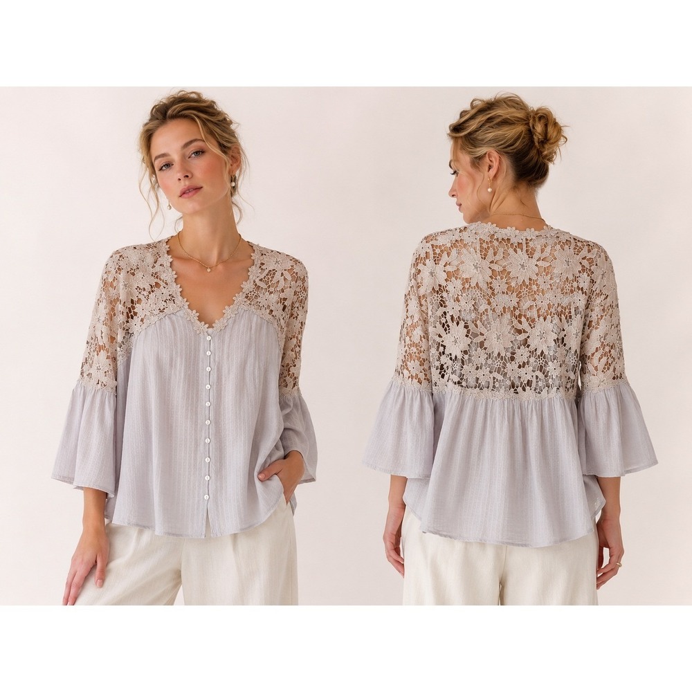 Floral Crochet Lace Yoke Ruffle Bell Sleeve Blouse L‎ Gray Cottagecore Coquette